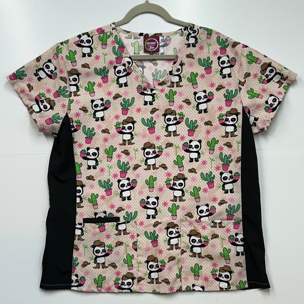 Divine Scrubs by JDM Panda Cactus Cowboy Print Scrub‎ Top XL Pink